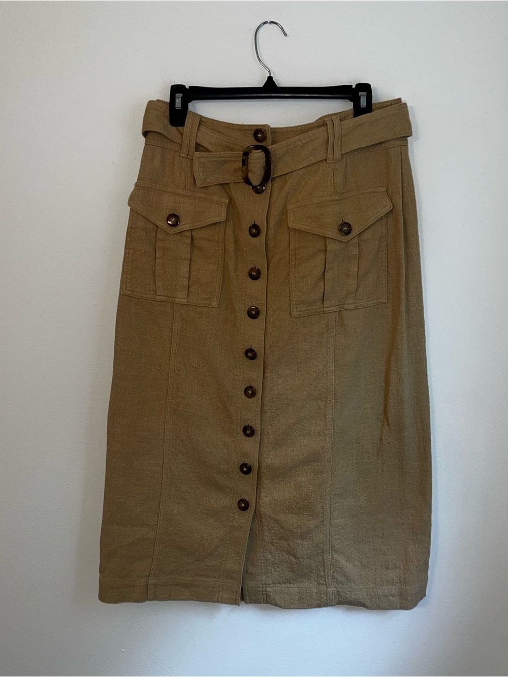Sezane Button-Front Utility Pencil Skirt in Tan